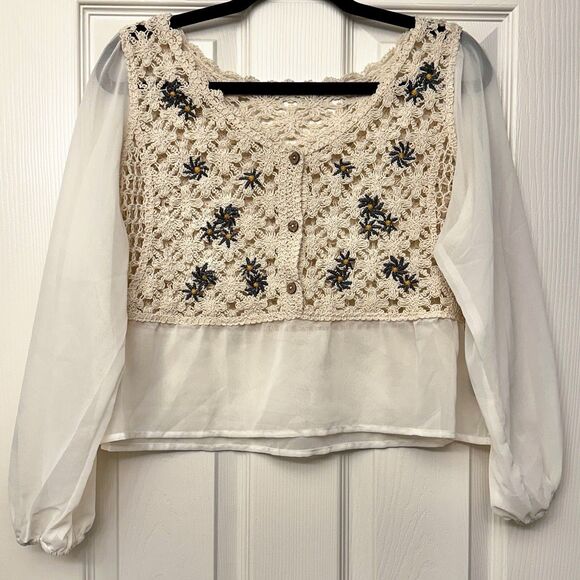 Crochet Knit Peplum Blouse Women’s Medium Chiffon Sleeve Flowers Boho - Picture 1 of 12